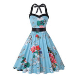 Elegant Summer Casual Rockabilly Retro Dress Women Sexy Halter Skull Flower Polka Dot Printed Vestido De Festa Midi Jurken