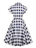 Turn-Down Collar Button Up Women 50s Gingham Vintage Pinup Dress Summer Short Sleeve Pockets Cotton Midi Elegant Dresses