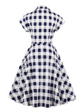 Turn-Down Collar Button Up Women 50s Gingham Vintage Pinup Summer Short Sleeve Pockets Cotton Midi Elegant Dresses