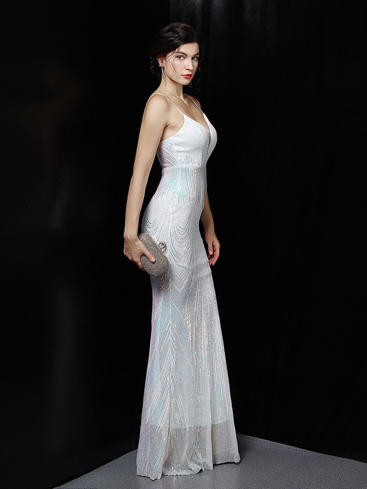 Gradient Sequins Cocktail V-Neck Backless Sexy Sleeveless Dress Spaghetti Strap Formal Prom Party Gown