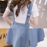 Denim Women Strap Long High Waisted Vintage Loose Pleated Blue Club Streetwear Cotton Harajuku Jean Skirt