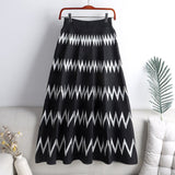 Elegant A Line Women Winter Casual Striped Knitted Skirts Elastic High Waist Casual Midi Long Skirt