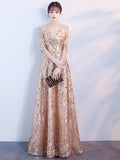 A-line Gold Prom Dresses Half-Sleeve V-Neck Elegant Homecoming Dresses Zipper Back Party Prom Gowns Sequins Flower Formal Robes