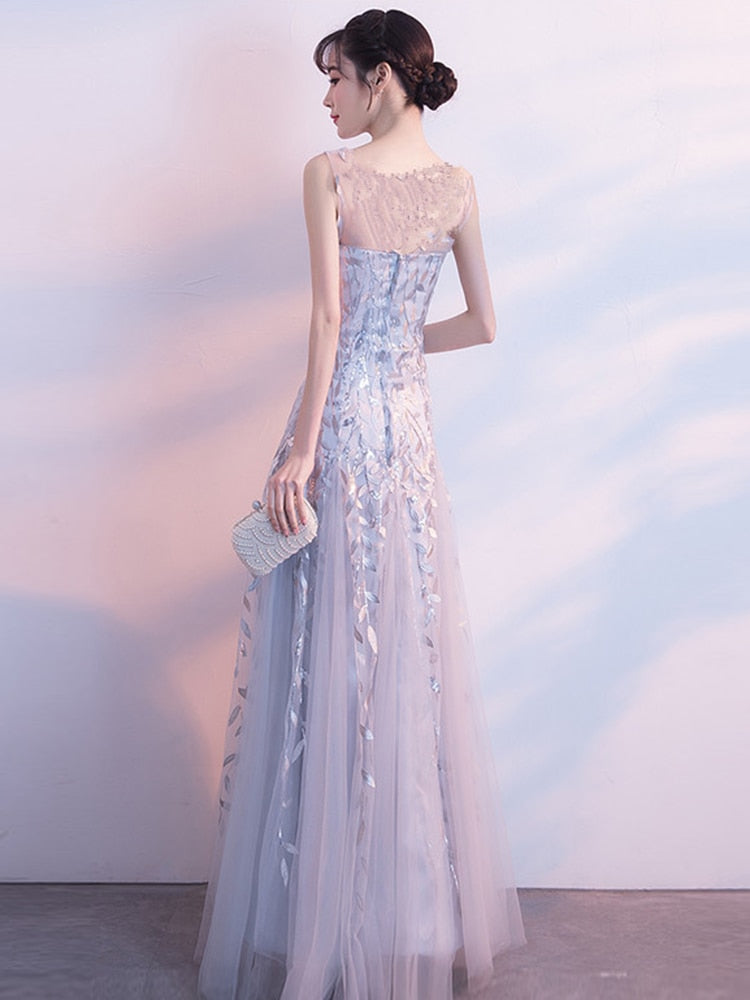 O-neck Prom Dress Embroidered Party Dress Sleveless Mermaid Gown Elegant Tulle Long Robe Formal Dress