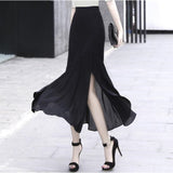 Women Chiffon Vintage High Waist Trumpet Flowers Print Black Long Skirt