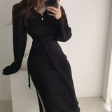 Women V Neck Long Sleeve Chic Knitted Sexy Side Slit Midi Dress Elegant Bodycon Dress With Belt