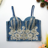 Winter Denim Sexy Sequins Beaded Embroidery Corset Party Women Camis Built In Bra Crop Top Push Up Breast
