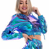 Sexy Cropped Holographic Hoodies Shiny PU Metallic Hoody Long Sleeve Short Sweatshirt with Drawstring Pullovers