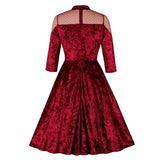 Vintage Stand Collar Contrast Sheer Mesh Burgundy Velvet Party Night Elegant Autumn Winter Ladies Dress