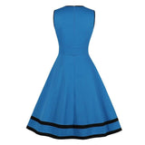 Cut Out Button Front High Waist Rockabilly Vintage Style Blue Sleeveless Robe Cotton Slim Dress