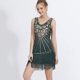 1920s V Neck Colorful Beaded Fringe Dress Great Gatsby Roaring Speakeasy Party Costume