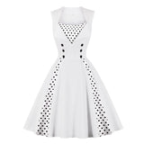 Square Neck White Elegant Double Breasted High Waist A Line Polka Dot Rockabilly Vintage Dress