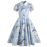 2021 Flora Blue Summer Casual A Line Women Dress With Pocket Little Daisy Peter Pan Collar Swing Rockabilly 40s 50s 60s Sundress