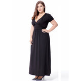 Black 5XL Plus Size Women Short Sleeve Deep V Neck High Waist Long Maxi Summer Party Casual Dresses