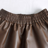 High Waist A Line Autumn Winter Faux Leather Elastic Waist Solid Vintage PU Leather Midi Skirt