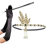 3pcs/set 1920s Flapper Great Gatsby Accessories Set Leaf Medallion Pearl Headband Black Gloves Cigarette Holder Costume