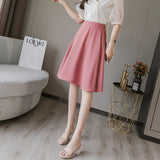 Women High Waist Knee-length Casual Skirts Fashion Korean Style Solid Color Ladies Elegant A-line Skirt