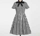 Single-Breasted Tie Neck Burgundy Striped Cotton 50S Vintage Robe Women Rockabilly Party Elegant Summer Dress