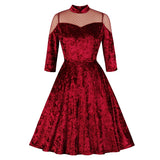 Vintage Stand Collar Contrast Sheer Mesh Burgundy Velvet Party Night Elegant Autumn Winter Ladies Dress