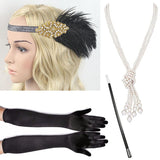 4 Pcs/Set 1920s Great Gatsby Party Costume Accessories Set Flapper Feather Headband Pearl Necklace Gloves Cigarette Holder