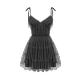 2021 Black Gothic Sexy Dress V Collar Vintage Spaghetti Strap Mesh Patchwork Mini Dresses 2021 Summer High Waist Dress For Women