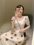 2021 Vintage Embroidery Sun Floral  Midi Dress Women Elegant  Puff Sleeve O Neck Clothes  New