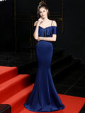 Navy Blue Formal Mermaid Elegant Evening Dress Long Leaf Edge Sling Prom Gowns Backless Robe De Soriee