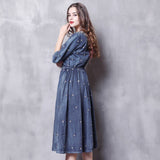 Denim Vintage Embroidery Midi Women Casual Slim High Waist A-Line Dress Outwear