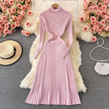 Autumn Winter Warm Turtleneck Sweater Dress Women Long Sleeve Casual Ribbed Knitted Midi Dress Elegant Pleated Dress