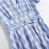 2021 White and Blue Plaid V-Neck Short Sleeve Women Summer Elegant Dress Vintage A-Line High Waist Midi Dresses with Belt