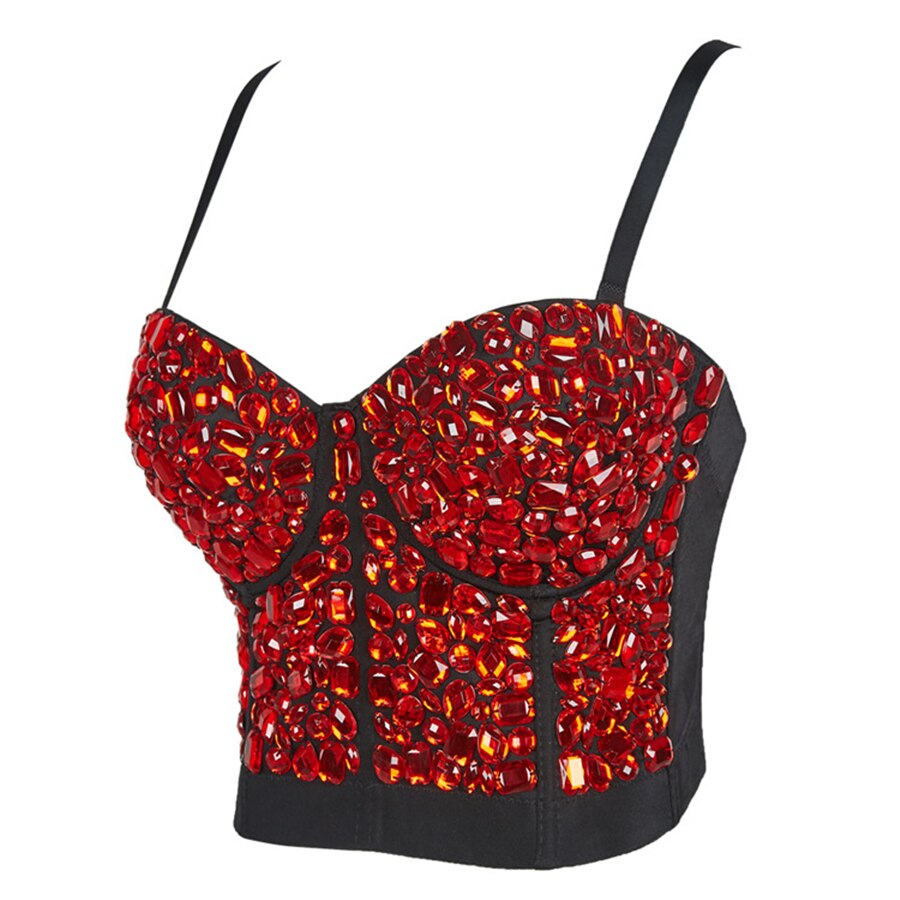 Beading Red Acrylic Performance Sexy Push Up Bralette Cropped With Built In Bra Corset Spaghetti Strap Camisole With Cups