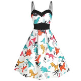 Multicolor Print Spaghetti Strap High Waist Pleated Pin Up Dress