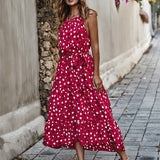 Ladies Boho A-Line O-Neck Polka Dot Maxi Long Holiday Foral Print Beach Dress