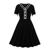 White And Black Contrast Color Summer Vintage Clothes Short Sleeve Robe Pin Up Swing Office Ladies Dresses