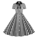 Tie Neck Striped Vintage Shirt Single Breasted Rockabilly Casual Swing Dress