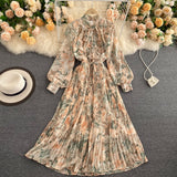 Bow Tie Neck Vintage Floral Midi Dress Long Sleeve Spring Autumn Chiffon Pleated Dress