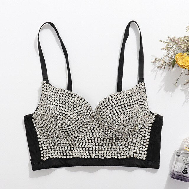 Winter Short Rhinestones Top Camis With Built In Bra Sleeveless Crop Top Push Up Bralette Tank Top Spaghetti Strap Clothing