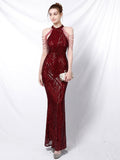 Elegant Halt Neck Diamond Sequin Embroider Formal Mermaid Evening Dress Sleeveless Women Gold Vestidos