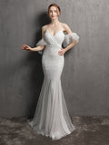 Spaghetti Strap Ruffle Sleeve Mermaid Evening Dress V Neck Sequins Party Prom Pink Floor Length Vestidoes