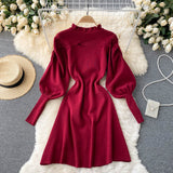 Autumn Winter Mini Sweater Dress Cut Out Ruffle Neck Puff Sleeve Casual Knitted Dress