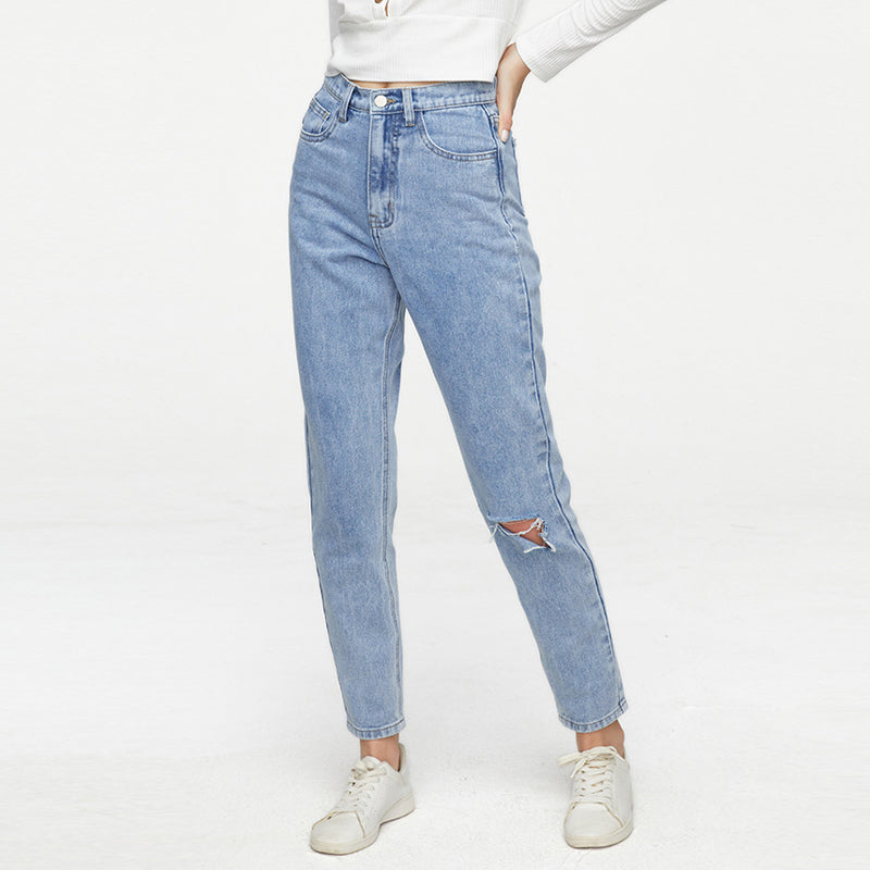 Korean Ripped Baggy Jeans Streetwear Women Casual Denim Trousers Going Out Slim High Waist Jean