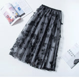 Women Mesh High Waist A-Line Chic Embroidered Yarn Elegant OL Skirts Butterfly Streetwear