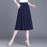 Women Midi Bottoms High Waist A-Line Solid Pleated Ladies Long Skirts