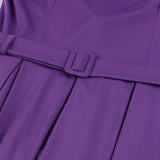 Tonval Purple Elegant V Neck High Waist Belted Vintage Pleated Midi Dress