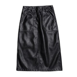 PU Leather Women Office Pencil Elegant Autumn High Waist Black Korean Style Knee Length Leather Skirt