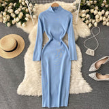 Woman Casual Solid Turtleneck Sweater Dress Bodycon Long Sleeve Midi Elegant Autumn Winter Dress