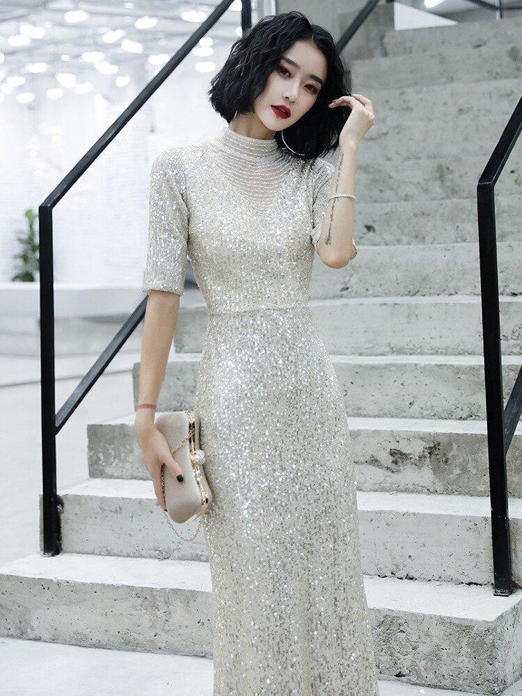Half-Sleeve Sequins Evening Dress Perspective Neck Formal Occasion Gown Mermaid Backless Silver Prom Dress
