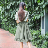 Womens Two Piece Set Peter Pan Collar Short Sleeve Blouse Ruffles Patchwork Mini Strap Pleated Sweet Style A-Line Green Skirt