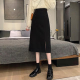 Women High Waist Casual Skirts Korean Style Solid Color All-match Straight Ladies Elegant Long Skirt