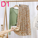 Summer New Vintage Floral Print Chiffon Pleated Skirt Elastic High Waist Casual Midi Skirt